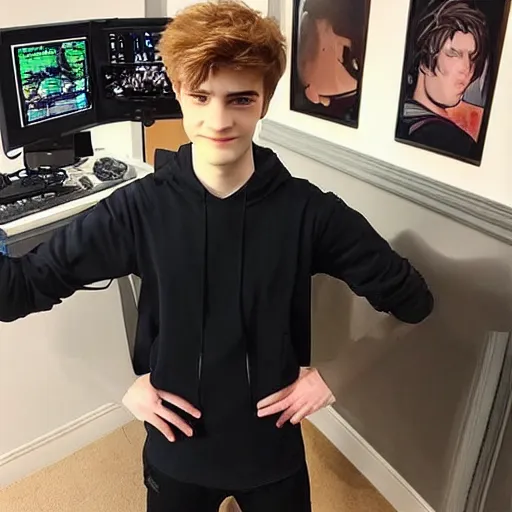 Image similar to “a realistic detailed photo of a guy who is an attractive humanoid who is half robot and half humanoid, who is a male android, twitch streamer Ninja Tyler Blevins, shiny skin, posing like a statue, blank stare, gaming room, close up”