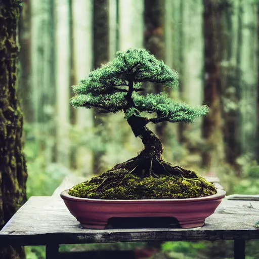 Image similar to a realistic bonsai dense forest on a pot, photography, focus