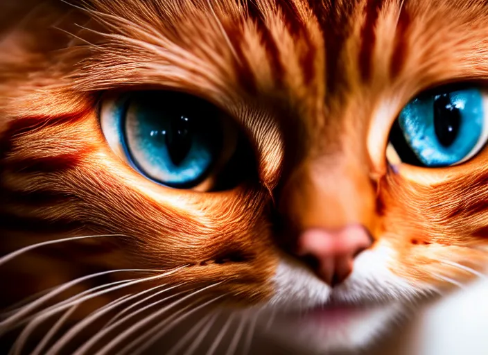 Image similar to 5 5 mm portrait photo of a redhead cat's face with ( ultra detailed cat - eyes ). highly detailed 8 k. intricate. lifelike. soft light. nikon d 8 5 0. cinematic post - processing