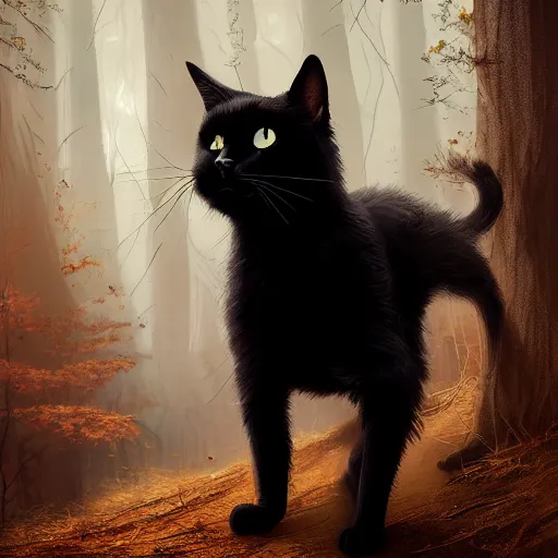 Image similar to a black cat looking curiously, there is a forest in the background, texture, intricate, details, highly detailed, greg rutkowski style, masterpiece, architecture, building, trending on artstation, focus, sharp focus, concept art, digital painting, fantasy, sunny, day, golden hour