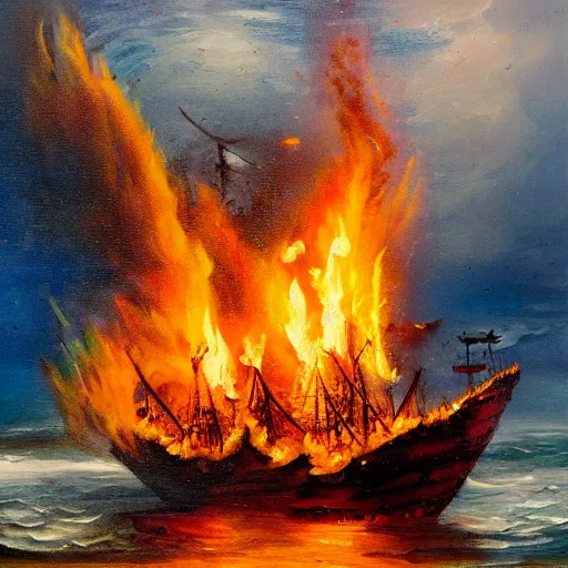 Image similar to pirate ship burning in the sea, at night with storm, oil painting
