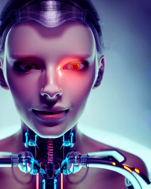 Image similar to a 3 d render of a beautiful female translucent cyborg trying to fix her broken head with futuristic tools, dreamy, elegant photorealistic, cinematic, octane render,