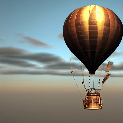 Image similar to steampunk hot air balloon, skimming on top of clouds, intricate, sunset, beautiful composition. 3 d render