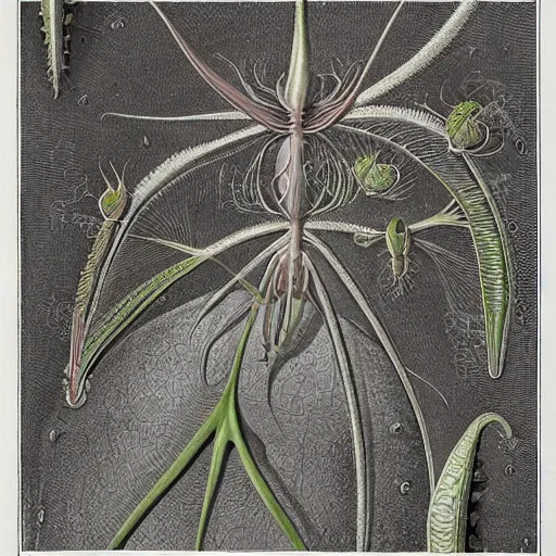 Image similar to technicolor venus flytrap, by Ernst Haeckel, by M.C. Escher, beautiful, eerie, surreal, colorful