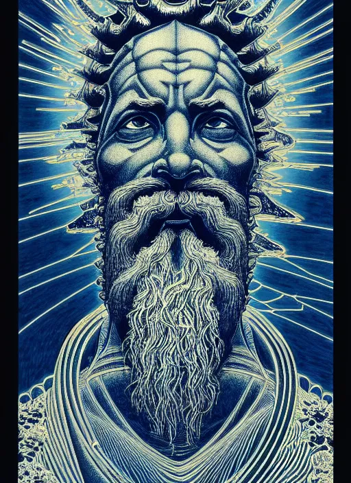 Prompt: detailed mighty zeus god, by hokusai and james gurney + black paper with intricate and vibrant blue line work + tarot card + mandelbulb fractal + full of silver layers + portrait + trending on artstation + incredible blue and black gothic illustration + exquisite detail