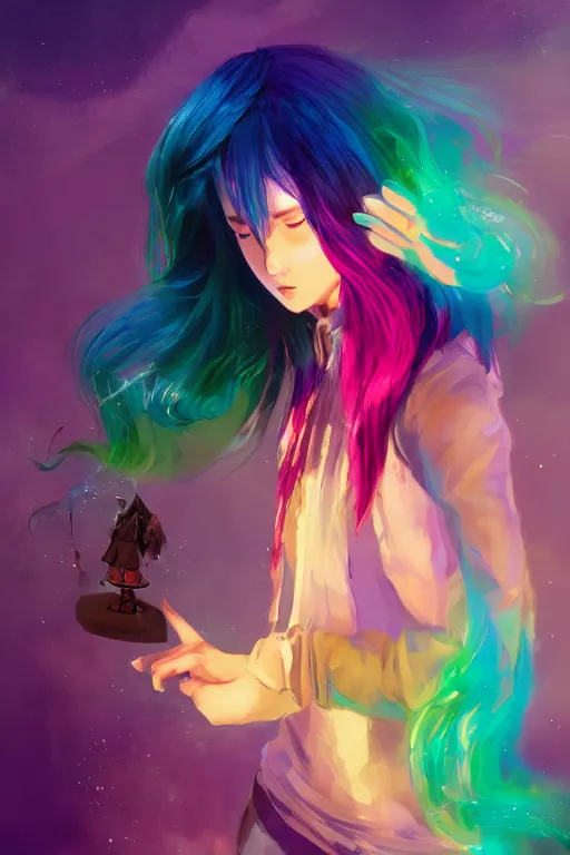 Prompt: girl sorcerer with colorful hair, learning use magic. radiating colorful energy. photorealistic, magical atmosphere,, holographic undertones, highly saturated colors, by kan liu, andreas rocha, guillaume tholly, gthl. art, makoto shinkai, genshin impact, studio ghibli. trending on artstation. award winning, daily deivation