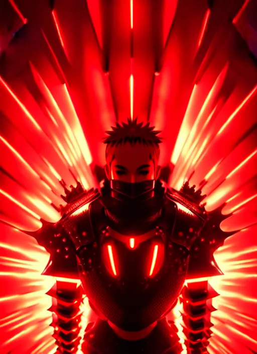 Image similar to a striking cinematic full body manga portrait of a black haired teenager wearing imposing red jagged spiked armour and glowing with red energy by hirohiko araki and beeple, fine details, digital art, character concept art, volumetric lighting, cinematic light, photorealistic