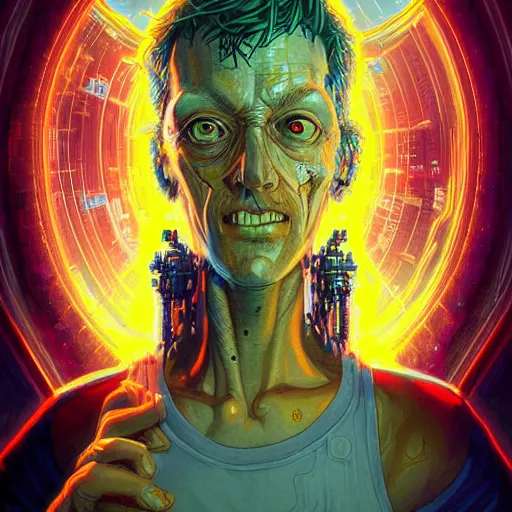 Image similar to pixel god cyberpunk apocalyptic portrait by gaston bussierre and charles vess and james jean and erik jones and rhads, inspired by rick and morty, epic, funny, huge scale, beautiful fine face features, intricate high details, sharp, ultradetailed