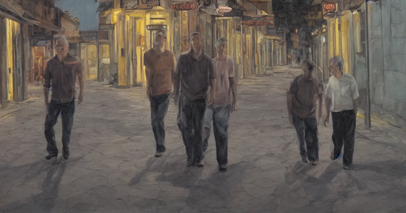 Prompt: todd solondz, high quality high detail painting of todd solondz walking with a friend in an empty tel aviv street, face of todd solondz, night, by lucian freud and gregory crewdson and francis bacon, hd, photorealistic lighting