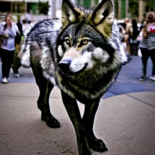 Image similar to portrait of a wolf fursuiter at a furry convention, outdoors in the city, realisitc photo