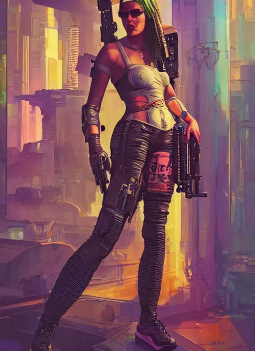 Image similar to cyberpunk woman in dress holding belt fed pistol. advertisement for pistol. cyberpunk ad poster by james gurney, azamat khairov, and alphonso mucha. artstationhq. painting with vivid color, cell shading. ( rb 6 s, cyberpunk 2 0 7 7 )