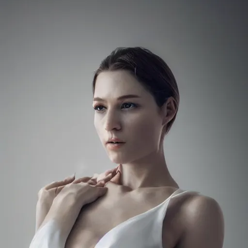 Prompt: a close up of a woman in white, dslr, 8 k, octane beautifully detailed render, cold lighting, cinematic lighting, white background, detailed photo, masterpiece, volumetric lighting, ultra realistic, highly detailed, high quality, lossless, photorealistic, grayscale