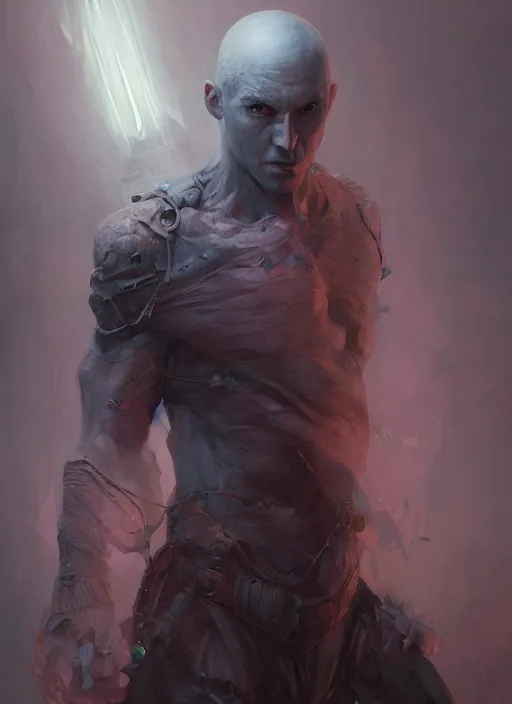 Image similar to fantasy bald male rogue, half body lit, front game card, marvel comics, dark, intricate, highly detailed, smooth, artstation, digital illustration by ruan jia and mandy jurgens and artgerm and wayne barlowe and greg rutkowski and zdislav beksinski