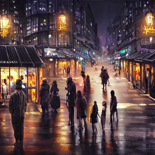 Image similar to wlop masterpiece, some people waiting in bus stop in dark city night, detailed, high quality, high resolution