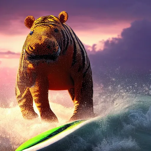 Image similar to a closeup photorealistic photograph of a cute smiling knitted tiger hippopotamus riding a large wave at sunset. surf in the background. professional capture. brightly lit scene. this 4 k hd image is trending on artstation, featured on behance, well - rendered, extra crisp, features intricate detail, epic composition and the style of unreal engine.