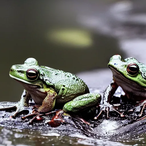 Prompt: melting frogs, dramatic photo