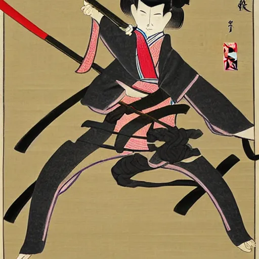 Image similar to Japanese painting of a Nekomata wielding multiple Katana.