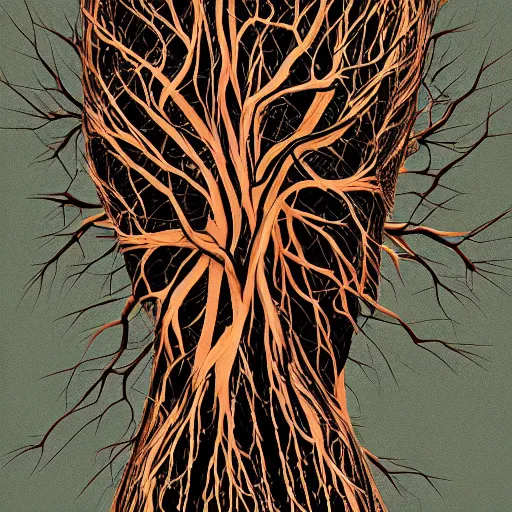 Image similar to digital art, Abstract art, humain female body made of roots, intricate roots, trending on artstation,