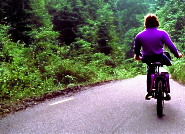 Prompt: film still of!!! thanos purple!!! as!!!! brand!!!! riding a small childrens bike down a steep mountain road in the goonies 1 9 8 5