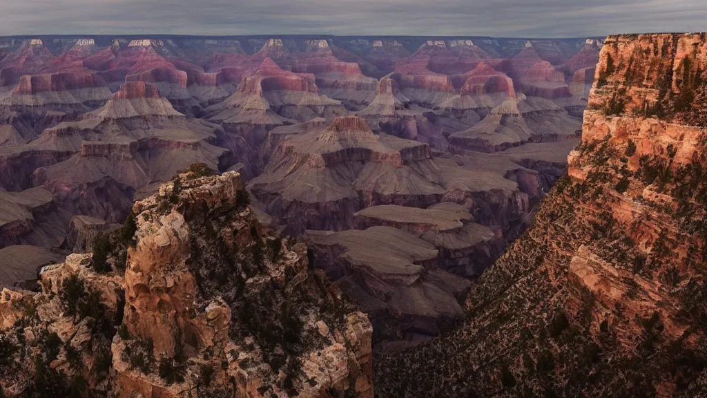 Image similar to an atmospheric screenshot of a film by denis villeneuve featuring a dark gothic cathedral carved out of rock at the top of the grand canyon