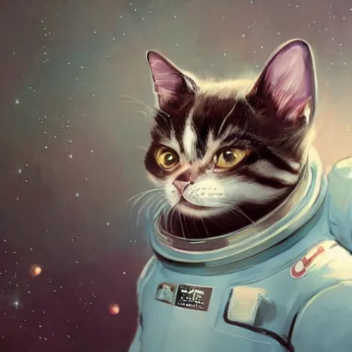 Image similar to head and shoulders masterpiece portrait of a cute adorable cat wearing a spacesuit, surreal background, digital art by krenz cushart, trending on artstation, cgsociety,