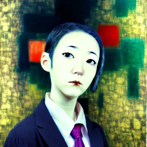 Image similar to yoshitaka amano blurred and dreamy realistic three quarter angle portrait of a young woman with short hair and black eyes wearing office suit with tie, junji ito abstract patterns in the background, satoshi kon anime, noisy film grain effect, highly detailed, renaissance oil painting, weird portrait angle, blurred lost edges