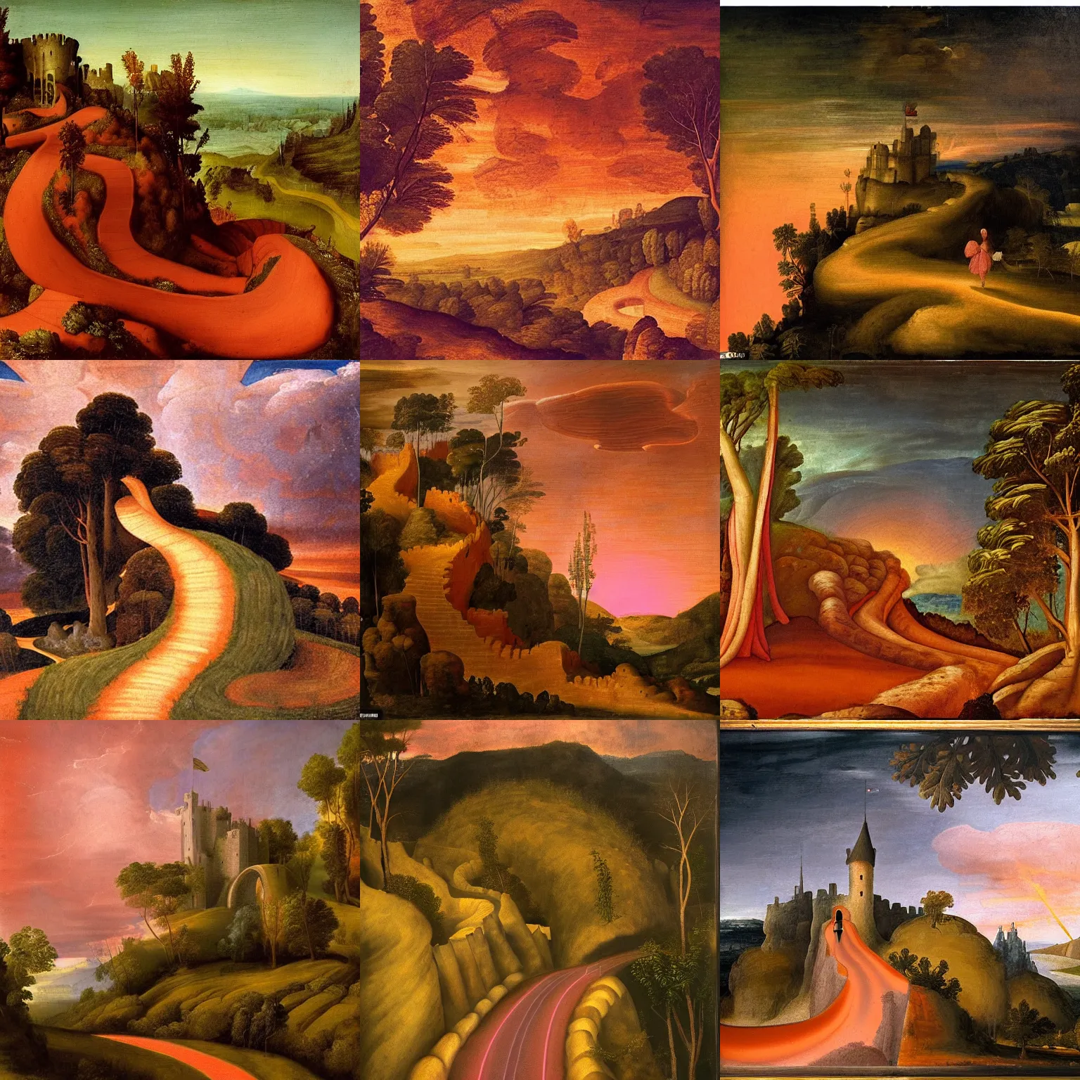 Prompt: renaissance painting of a steep and multiple curves path to a fantasy castle on a high hill at night, orange to pink gradient sky and thunderstorm background. forest underneath