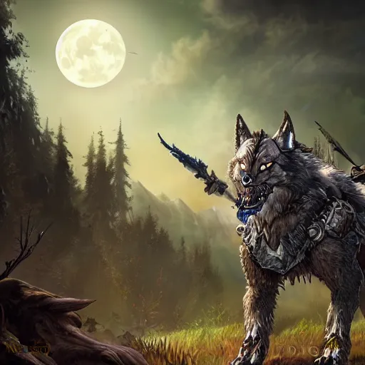 Prompt: a druid turning into a machine wolf, full moon, dnd 5 e, night, epic art, horizon zero dawn, highly detailed and intricate, trending on artstation