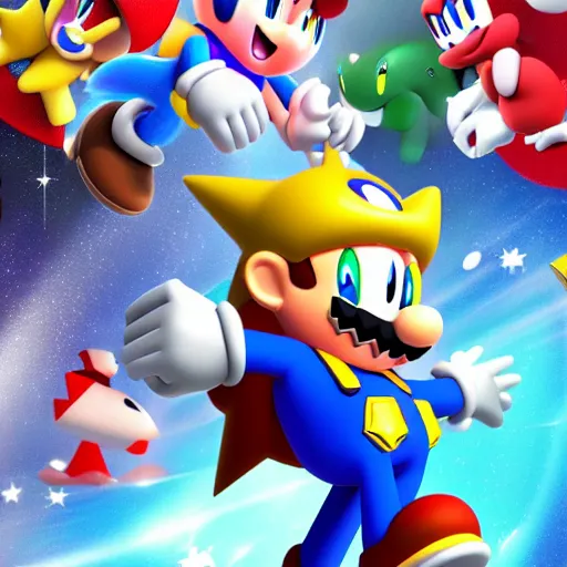 Image similar to super mario, kirby, sonic the hedgehog, super smash bros, star wars themed movie poster high detail accurate eyes and good gesture poses, pokemon anime cartoon style