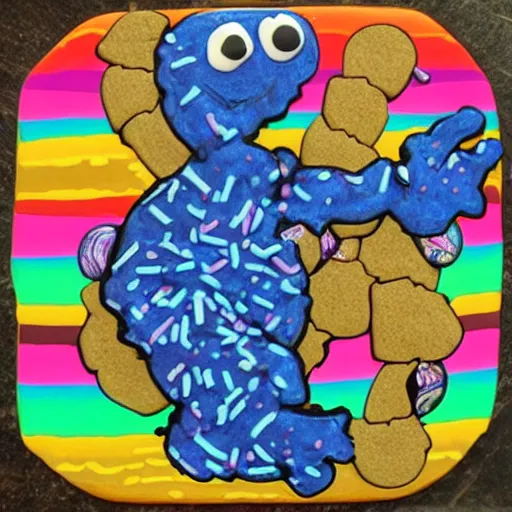 Image similar to psychedelic cookie-monster gangsta-loco, jiving and hanging on the block corner, WORD-UP