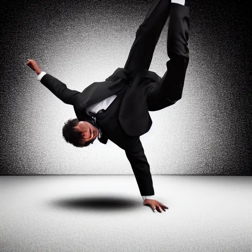 Image similar to invisible man, business suit breakdancing, full body shot, black background, photoreal