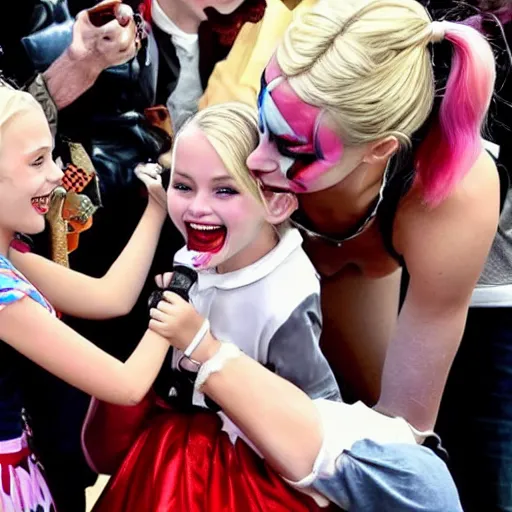 Image similar to margot robbie as harley quinn kisses a young fan