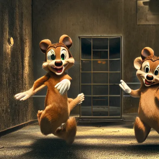 Image similar to Chip and Dale in liminal space, unsettling interior, hyperrealistic, feeling lost in an abandoned building, clean, unreal vision