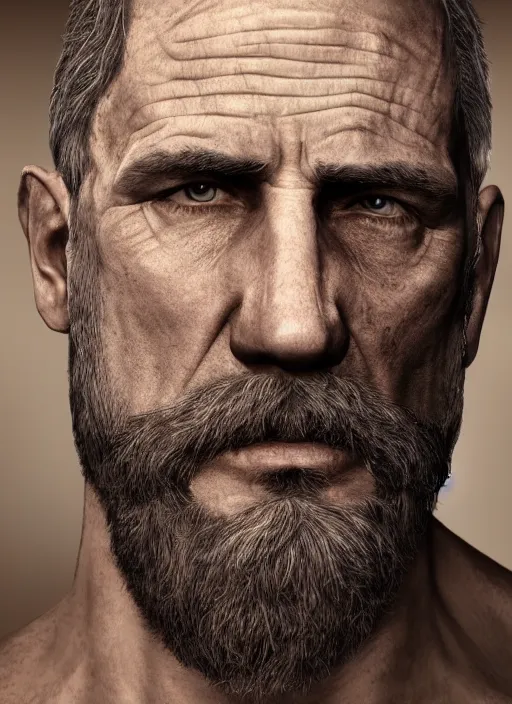 Prompt: a portrait picture of a rough looking middle - aged man, crew cut, brown hair, rugged good looks, serious face, stubble beard, scar on the cheek, highly detailed, digital art, realistic, 4 k, studio lighting, trending on artstation