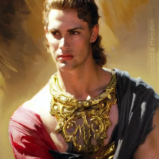 Image similar to detailed realistic cinematic wide shot of beautiful attractive muscular roman empreror gold chain wearing royal red clothes slim face symettrical face clean skin black eyes black robe smooth, sharp focus, ultra realistic, spring light, painting by gaston bussiere, craig mullins, j. c. leyendecker