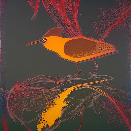 Image similar to a mechanical wren-bird, the background is the neon kernel mandala of a virtual world, oil on canvas by Yoji Shinkawa and Stina Persson