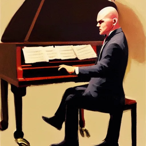 Image similar to agent 4 7 from hitman wearing headphones while playing a piano, by gregory manchess, james gurney, james jean