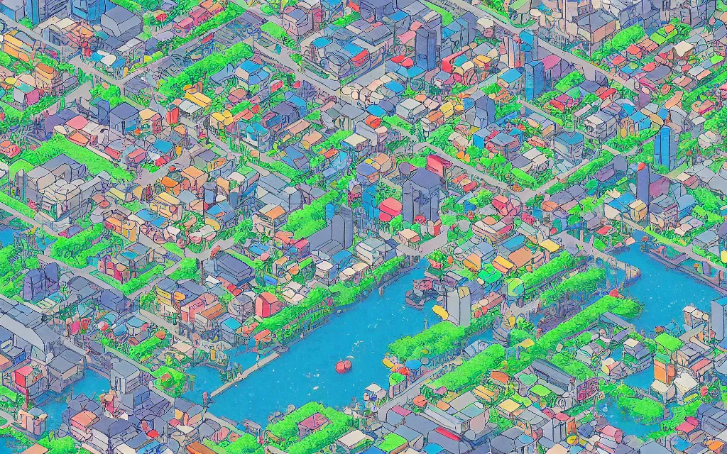 Prompt: a japanese city near the sea, lofi, dreamy, moody, very colorful, anime inspiration, ghibli vibe, very pixelart, hd