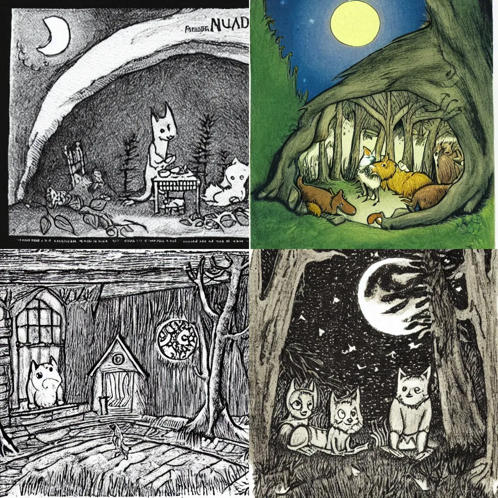 Prompt: a wolf den at night, children's illustration by maurice sendak