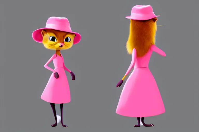 Prompt: detailed flat 2 d : female marten character : wearing jewlery : wearing a pink dress : wearing hat : head torso legs feet : lorax movie : artstation