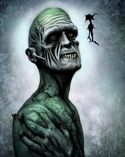 Image similar to halloween frankenstein's monster theme surrealist art in the styles of igor morski, jim warren, and a tim burton film, intricate, hyperrealistic, accurate facial details, profile picture with chromakey!!!!! background, milk - bath effect, volumetric lighting