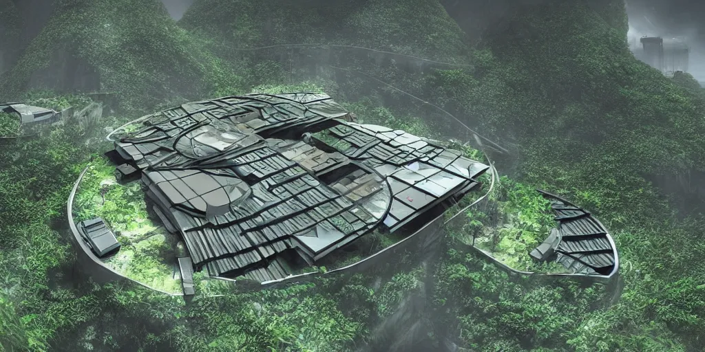 Prompt: small futuristic maximum security prison on a hill in jungle. It is surrounded by poor slums below, tropical climate, award winning, video game concept art, scifi, rural dystopian, UE5