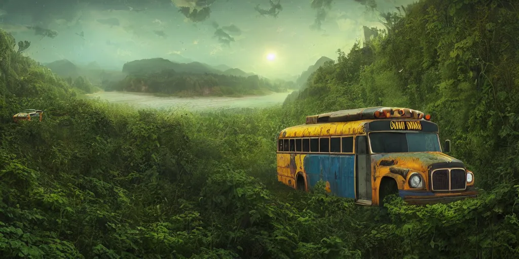 Image similar to a crashed, abandoned school bus overgrown with vines hanging partially over a cliff. Beneath the cliff is an alien lake. In the sky are two suns. Detailed digital matte painting in the style of simon stalenhag