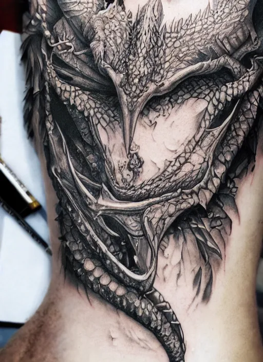 Image similar to highly detailed picture of great dragon, sketch tattoo, edge of the universe, perfectly face, highly detailed, masterpiece, trending on artstation, golden ratio, cinematic romantic magical, perfect intricate highly detailed painting by vonnart, digital art