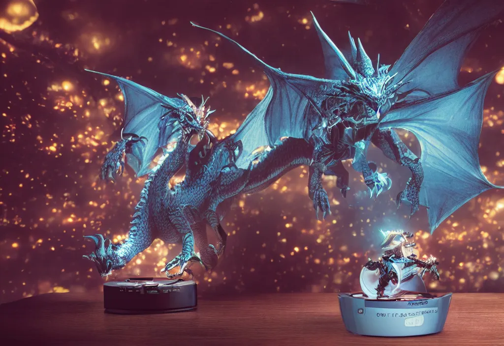 Prompt: 3 d dragon fighting knight popping out of curved movie screen, volumetric lighting, bedroom, visor, users, pair of keycards on table, bokeh, creterion collection, shot on 7 0 mm, instax