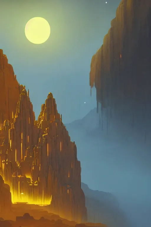 Image similar to ancient temples glowing yellow in canyon, monks, golden statue, light streaks in the sky, floating planets and moons, dramatic lighting, artstation, matte painting, ralph mcquarrie, simon stalenhag