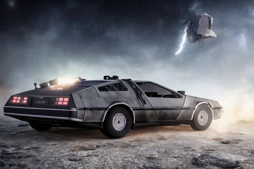 Image similar to ultra realistic delorean dmc 5 with pop - up headlights drifting on ancient highway wreckage in space, dark cinematic, volumetric, realistic, 3 d render, realistic render, cinematic lighting, volumetric lighting, atmospheric, cinematic, unreal engine 5, unreal engine render, octane render, hd, photorealism, hyper realistic, 8 k