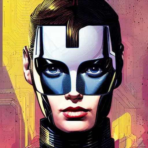 Prompt: portrait of a female android, by DC comics, MARVEL comics and Sandra Chevrier