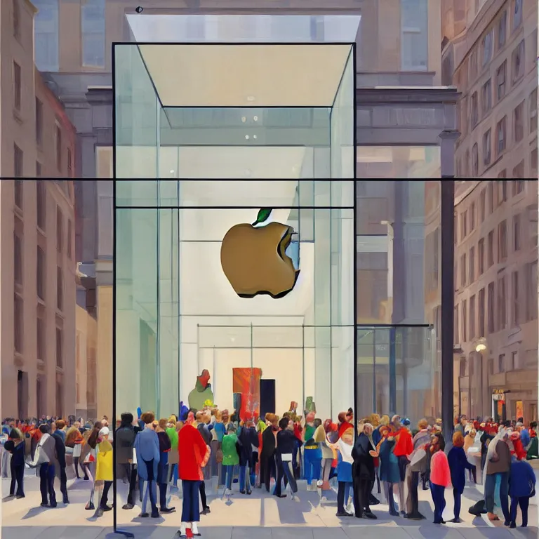 Image similar to apple store opening day in London, painted by Edward Hopper, painted by James Gilleard, airbrush