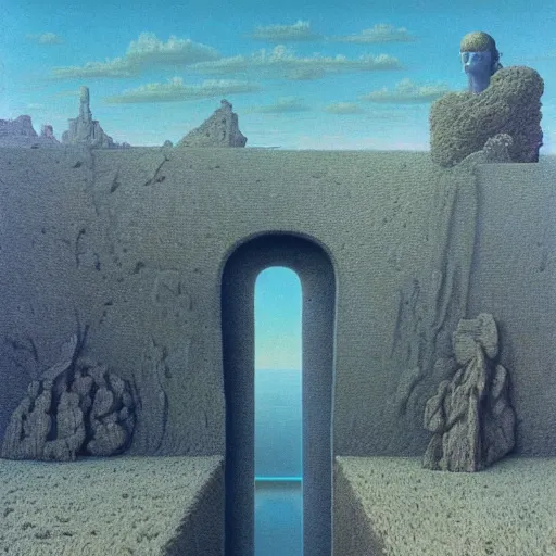 Prompt: incredible detail, vaporwave, the ego separates by zdzisław beksinski, oil on canvas, giant head statue ruins, scifi landscape, infinity pool